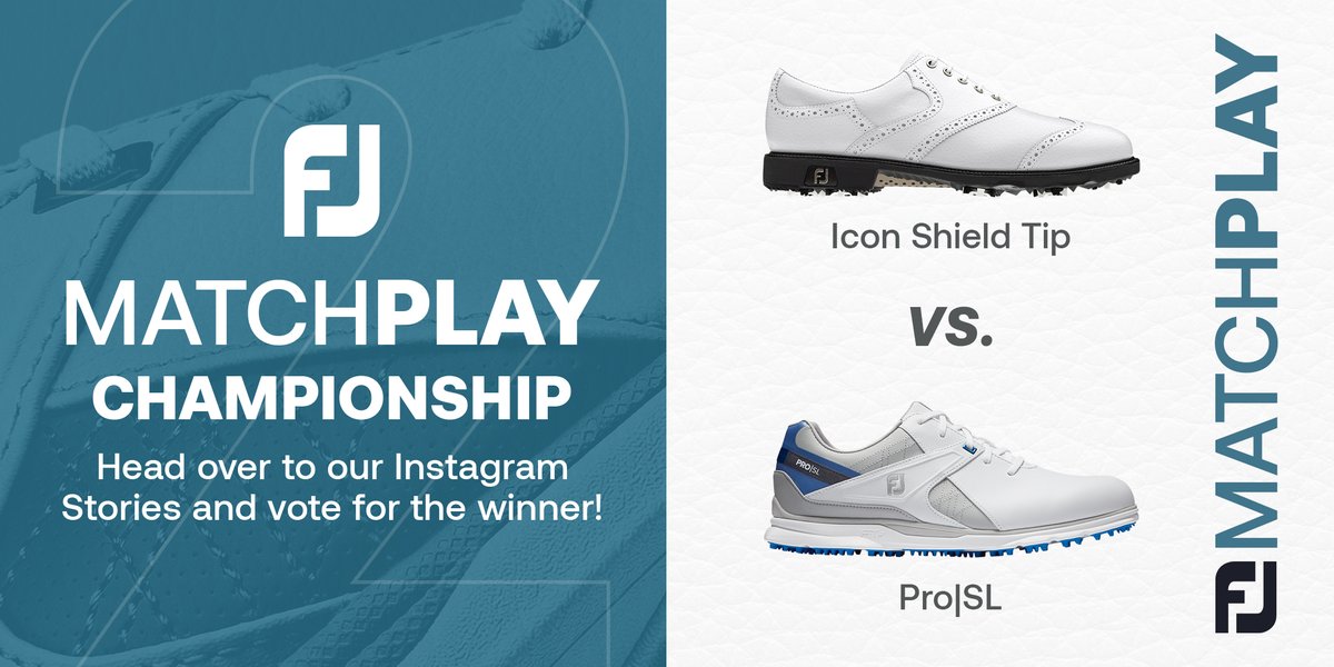 FootJoy's tweet photo. The championship match-up is set! The iconic styling of #ICON Shield Tip (chosen by @JustinThomas34, @BillyHo_Golf, + many more) against the hottest shoe in golf, the #ProSL (chosen by @IanJamesPoulter, @hoffman_charley, + many more). 

Vote tomorrow on Instagram. 

#FJMatchPlay https://t.co/IvIx7Mk3fZ