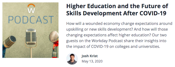 drseangallagher's tweet image. Thrilled to have joined the @Workday podcast with Josh Krist &amp;amp; @JoellenShendy - in this episode we discussed the changing job market, environment for upskilling, and expectations for #highered. Listen here: blog.workday.com/en-us/2020/hig…