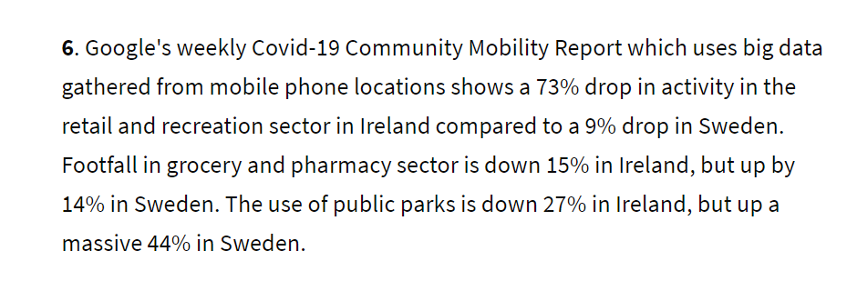 Sweden is compared here to Ireland as having a high level of activity. Lots of people moving about it seems.However, Google mobility data is problematic because of the base used for the % declines.9/
