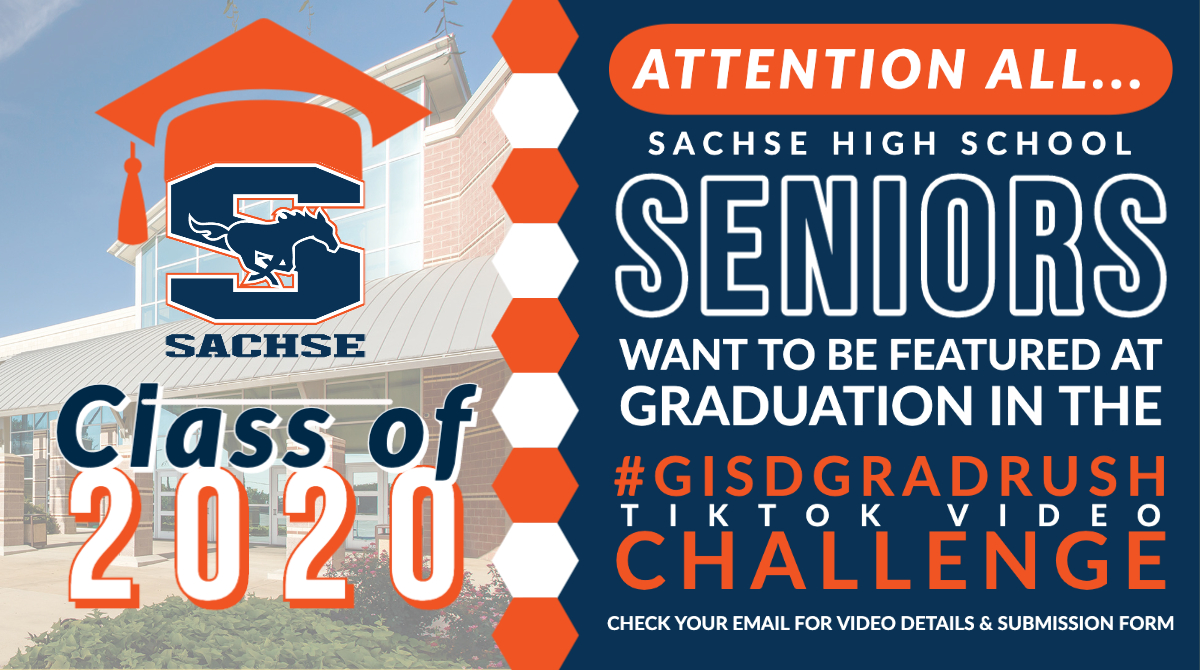 SHS_Mustangs's tweet photo. Sachse Seniors @shsclass2020! We would love for you to participate in the TikTok Challenge for all GISD seniors! Check your email for video details &amp; submission form! All SHS videos will be combined &amp; shown at graduation! We are excited to see your videos! #RunMustangsRun https://t.co/egD9v98NrZ