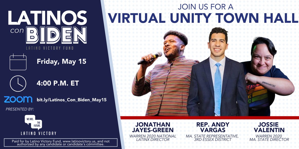 latinovictoryus's tweet photo. Join us this Friday ⁠— May 15 at 4pm ET ⁠— for a virtual #LatinosConBiden Unity Town Hall featuring former Senator Warren staffers &amp; supporters — @RepAndyVargas, @JossieValentin, &amp; @JayesGreenJ!

Please join and be part of this conversation. RSVP here: https://t.co/N6MLLde5nv https://t.co/1TrywQrJ31
