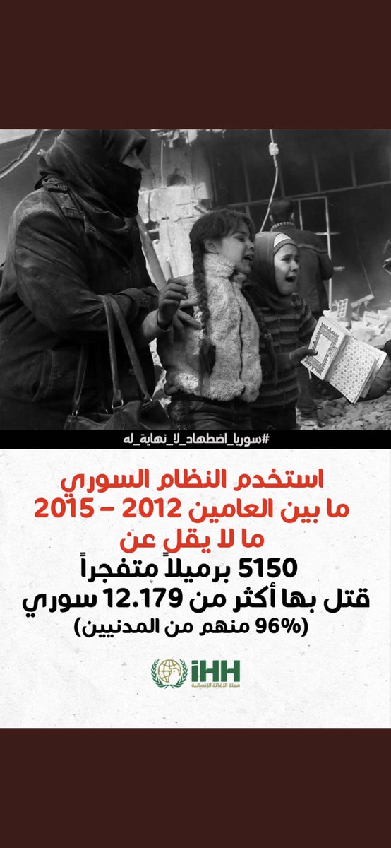 ALSANAD_MESHARI's tweet photo. استخدم النظام السوري ما بين العامين 2012 – 2015 ما لا يقل عن 5150 برميلاً متفجراً قضى بسببها أكثر من 12.179 سوري
(96% منهم من المدنيين)
#سوريا
#سوريا_اضطهاد_لا_نهاية_له
#سوريا_لك_الله
#UnendingPersecutionInSyria
#SuriyedeBitmeyenZulüm https://t.co/kBFPZVXYAV