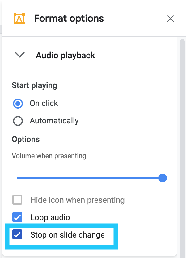 csheil's tweet photo. Say WHAT? When did this feature become available? When inserting an audio file in #GoogleSlides - you can have it loop AND play throughout the whole presentation! (uncheck stop on slide change) AMAZING...been wanting this for years #bhstech222 #nhed #GoogleET https://t.co/cMHCDYWDLj