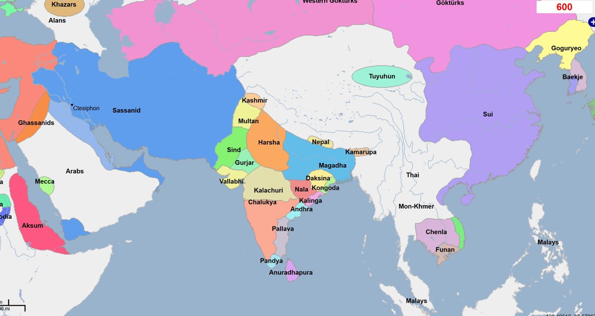 600 ADEast-Indic Frontier takes shape as Kingdoms of Sindh, Multan (Punjab) and Kashmir rise. Further east, the Dragon roars.7/24