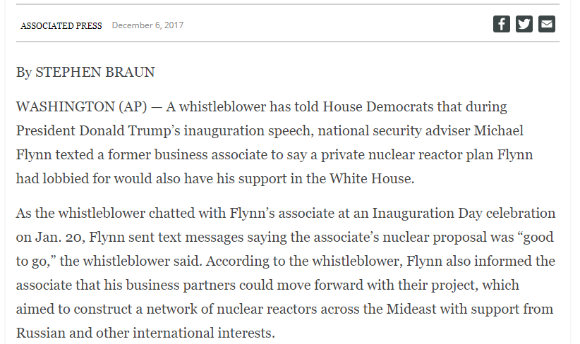But what was Flynn involved in that would have been of concern for people at Energy, Treasury, NATO?Well, the nuclear reactor deal that Michael Flynn was texting his business partners about during Trump's inauguration would seem to fit the bill.