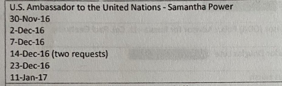 So who was the first person listed who needed to know whoever "US PERS1" was on the intel she got and needed to know the identity, which was Lt. Gen. Mike Flynn, on the payroll of Russia and Turkey:U.S. Amb. to the U.N., Samantha Power. So why her?