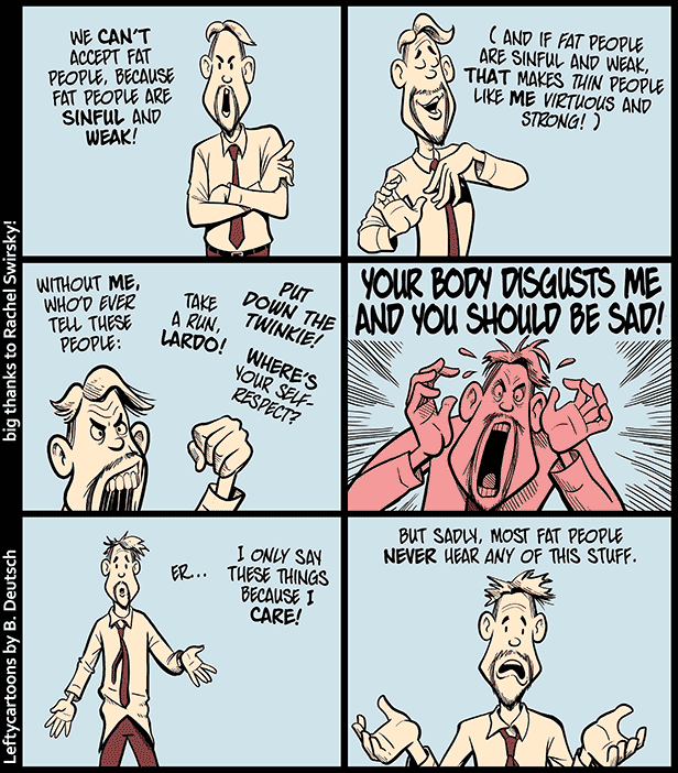 A thread of Fat Acceptance cartoons! The FAT WHISPERERThis cartoon is big, so it's in two parts. Transcript:  https://www.patreon.com/posts/3458857 Like the cartoons? Support them by retweeting, or by pledging a buck or two at  http://patreon.com/barry .  #FatAcceptance  #PoliCartoon