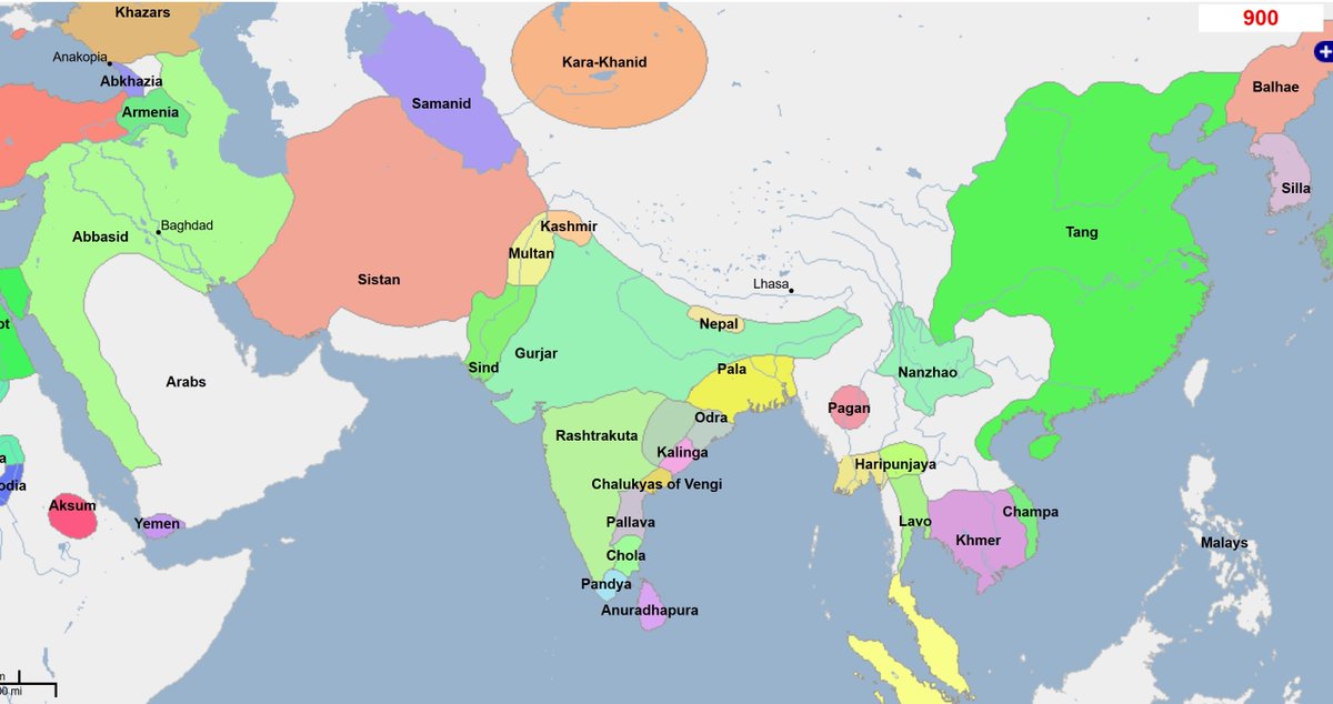 900 AD:Abbasids disintegration begins. Persiano-Muslim world breaks off. Samanids arise who will start revival of Persian civilisation in Islamic hegemony. Multan and Sindh rise from the ashes. Turkish Khagnate of Karakhanids also appear. Fun times. 10/24