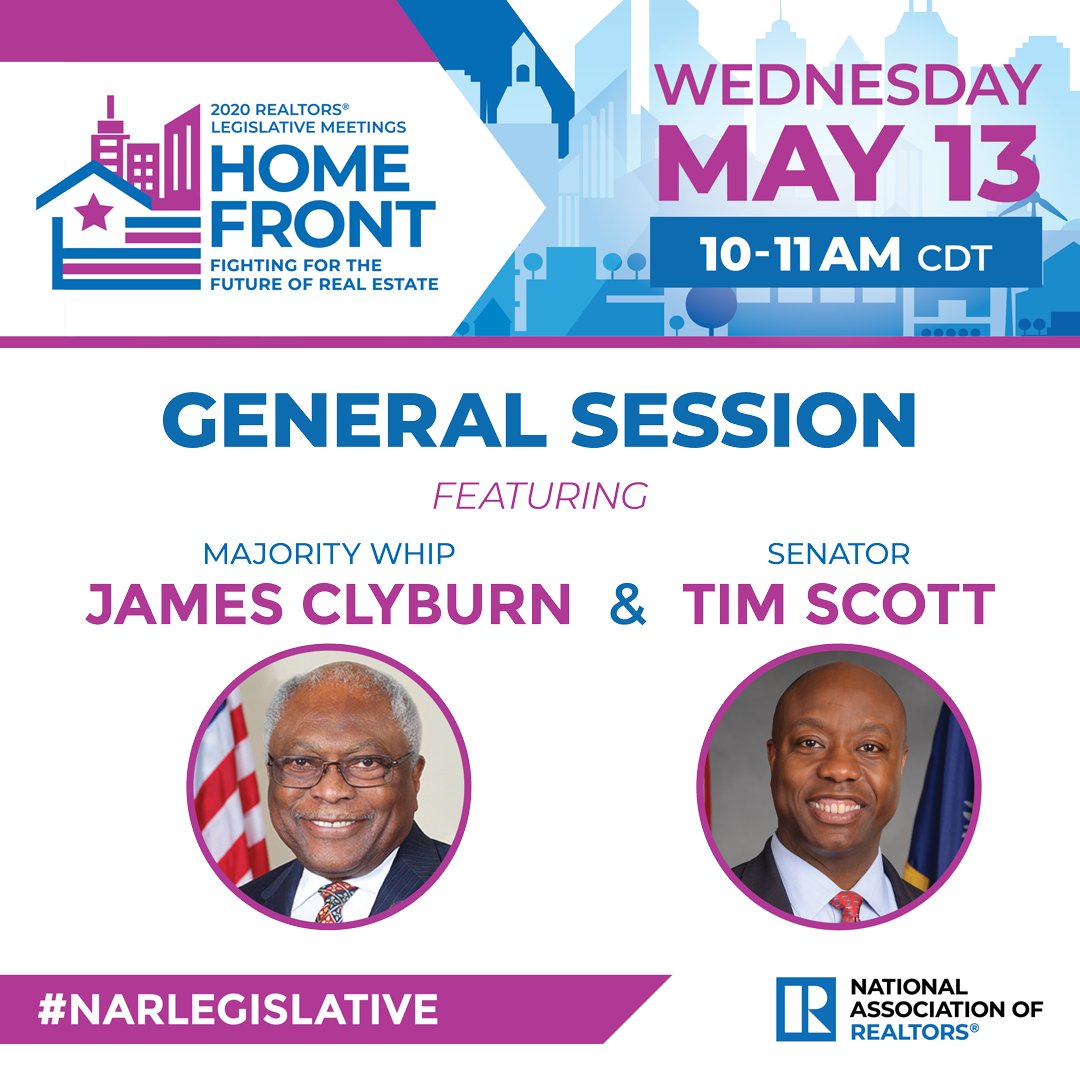 General Session is happening now! Hear Majority Whip James Clyburn &amp; Senator Tim Scott share their inside views of current events at the Capitol. Login to the virtual platform to watch! #NARLegislative  ow.ly/XBbj50zF7sO