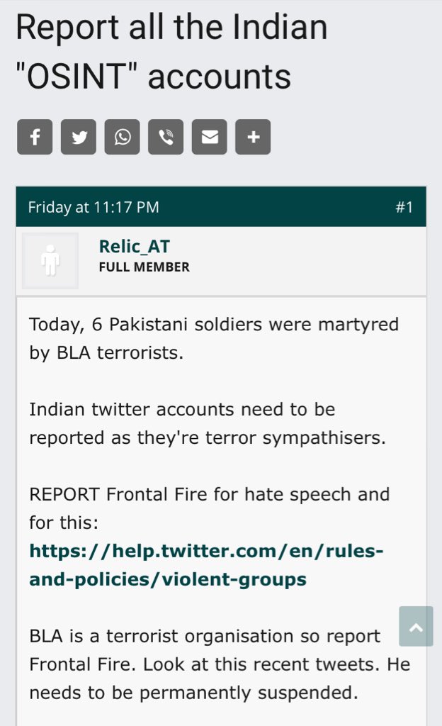 7ru7h_1's tweet photo. Pro-Indian account @Frontalfire suspended. Here's the ss of Pak Defence Forum urging group members to mass report Indian OSINT handles. https://t.co/sOoljpgceA