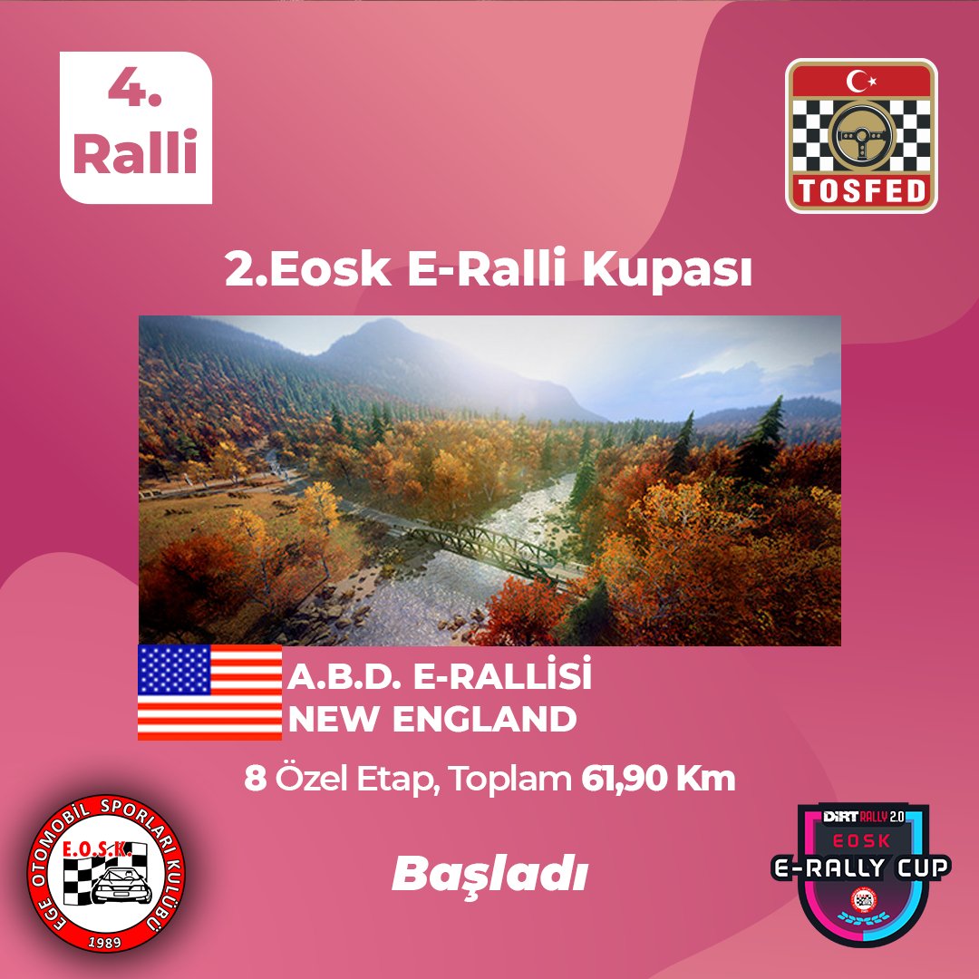 EOSK35's tweet photo. 2.Eosk E-Ralli Kupası A.B.D. E-Rallisi ile devam ediyor ✌🏻 Toplam 61,9km ve 8 etap sürecek olan E-Ralli için start verildi. Tüm yarışmacılara başarılar

#RaceAtHome #EoskEralliKupasi #EOSK #EgeOtomobilSporlarıKulübü #TOSFED #DijitalRalli #DirtRally2 #EoskDijitalRalli #simracing https://t.co/DTV5BQzkI7