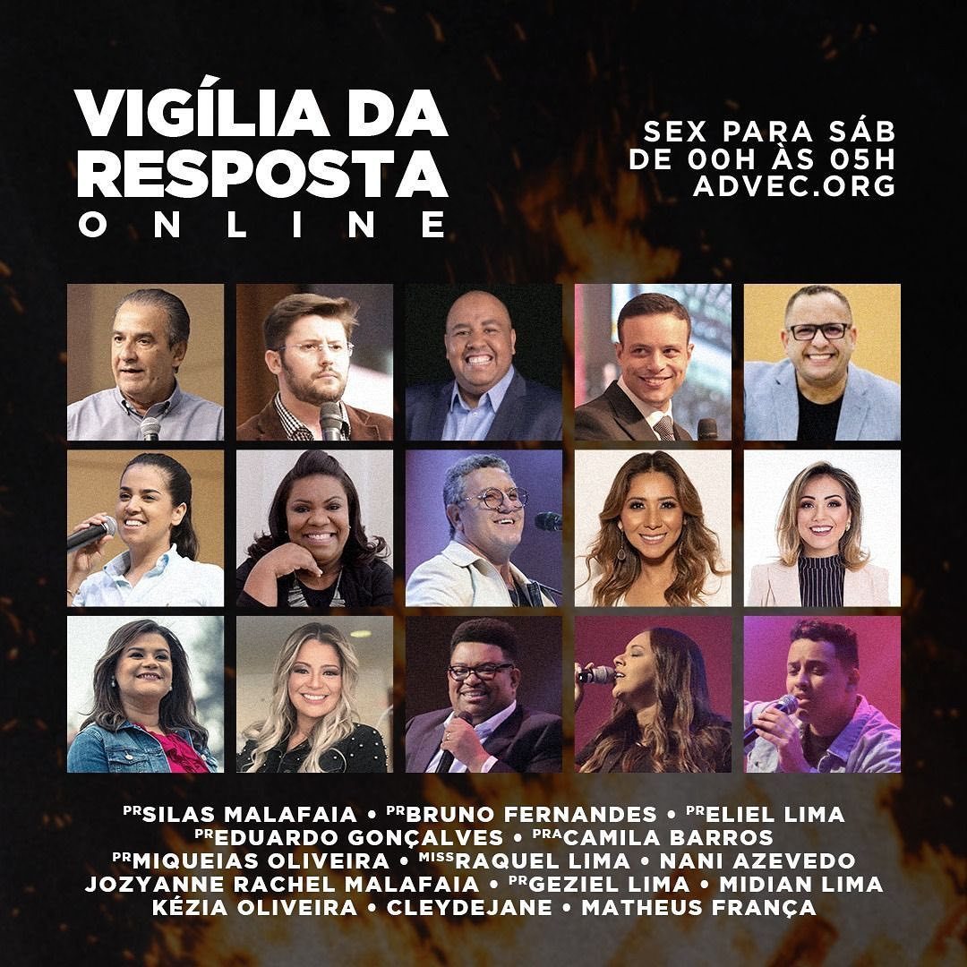 Minha gente, eu tenho um convite! A <a href="/advecoficial/">ADVEC</a> vai realizar a primeira Vigília da Resposta online, na madrugada do dia 15 para 16 de maio, das 0h às 5h. 

Uma noite de adoração, louvor, Palavra e poder de Deus! 

Assista em advec.org