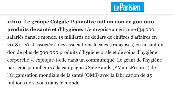 Vu dans le <a href="/le_Parisien/">Le Parisien</a> aujourd'hui : le groupe Colgate-Palmolive <a href="/CP_News/">Colgate-Palmolive</a> est à l'honneur avec sa campagne #SafeHands 👍