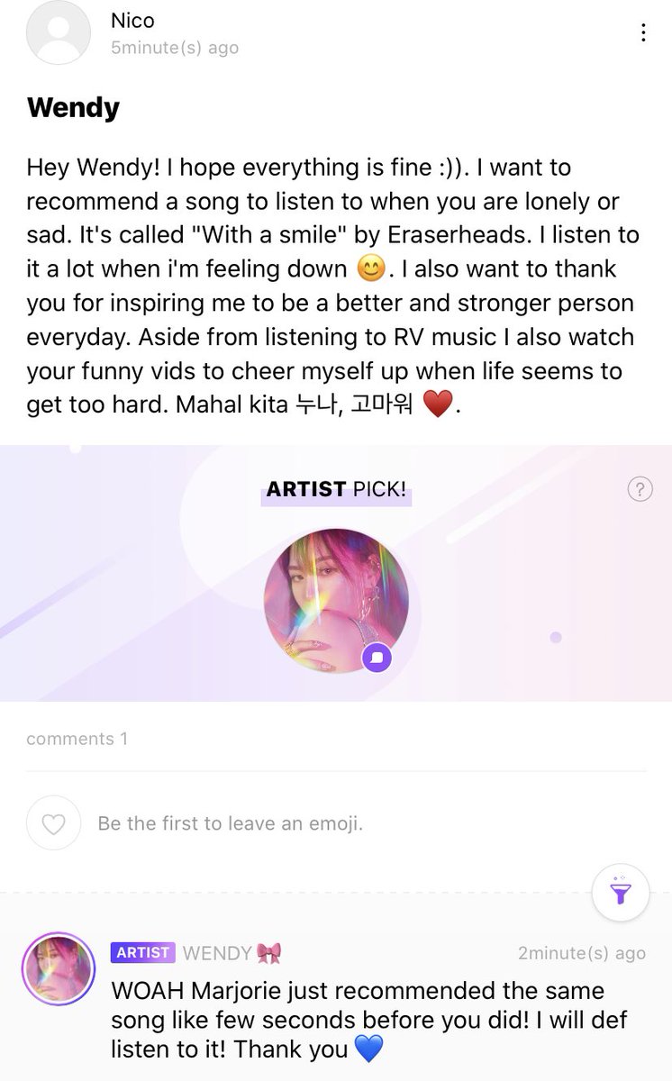 wendydaily221's tweet photo. Two fans recommended Filpino rock band, Eraserheads 'With a Smile' and Wendy wrote that she will listen to it. 💙 https://t.co/gXRhZRsR9p