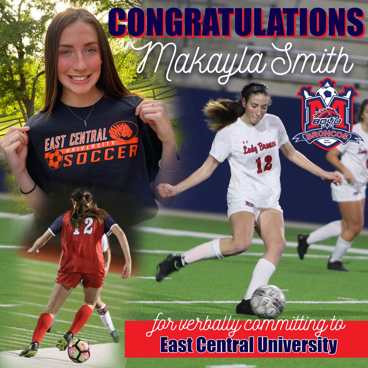 GirlsBoyd's tweet photo. We are proud to recognize 2 of our junior Lady Broncos who have verbally committed to play soccer at the next level at East Central University in Oklahoma.  Olivia Witte verbally committed to ECU in Dec. and Makayla Smith committed last week.  Congratulations! https://t.co/5cfAQIHEmV