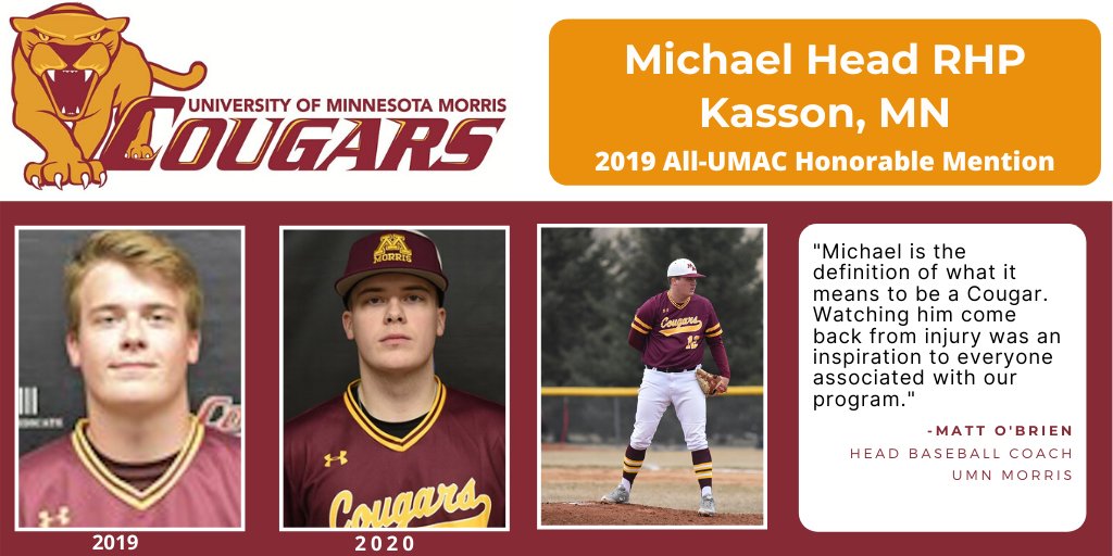 UMMCougarBB's tweet photo. We are honoring our Cougar ⚾️ Seniors this week, each of them having their own day of celebration.
This is Part 2 of 2: Michael Head @michaelhead13
 
Teammates describe him as passionate, competitive, dedicated, reliable, committed, a leader. #SeniorSendoff #PlayforthePile https://t.co/EI75DwYJJc