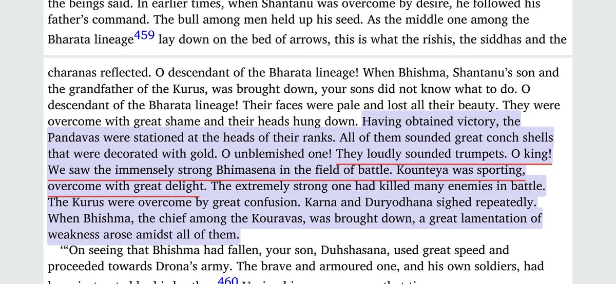 • All Pandvas were playing musical instruments and conches and  #Bhima was Dancing when  #Bhishma fell on Bed of Arrows Bhishm Parva , Adhyay 115 #Mahabharat