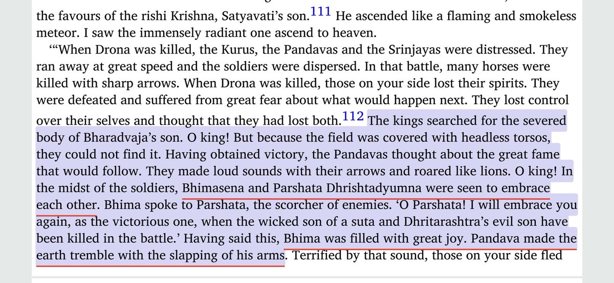 •  #Bhima and  #Dhrishtadyumna Celebrated Deaths of their Own Guru  #Drona , They were Filled with Joy and Embracing each other on death of their preceptor Drona Parva , Adhyay -165 #Mahabharat