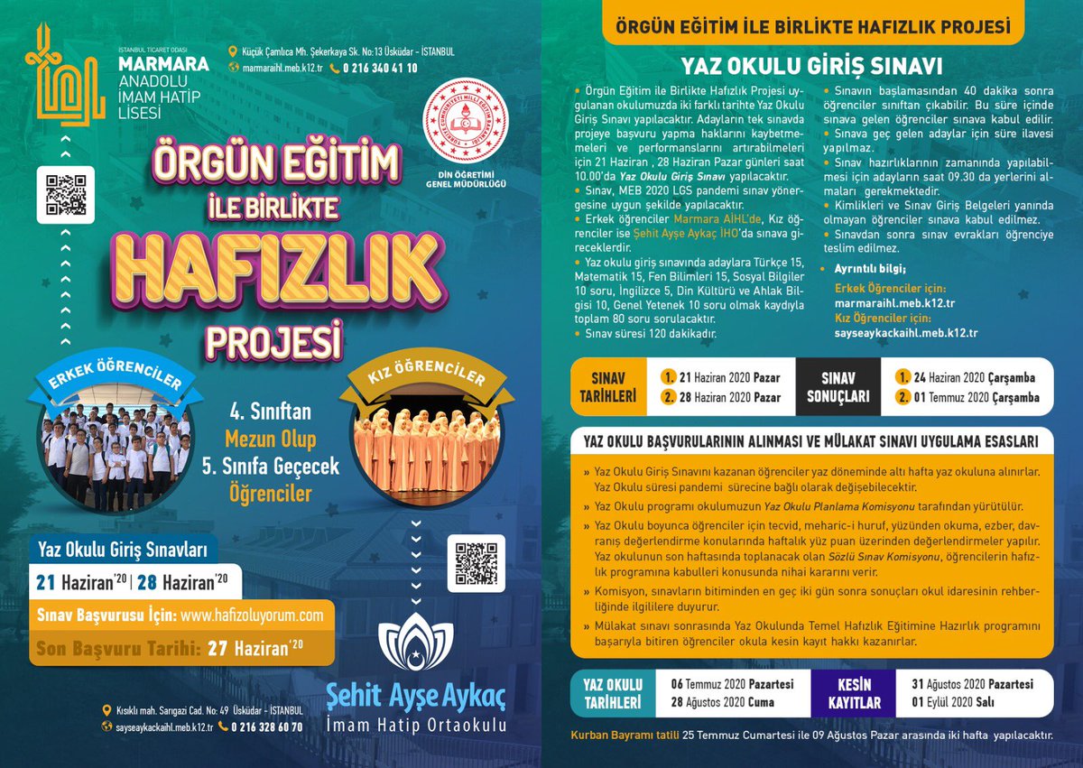 Örgün Eğitim İle Birlikte Hafızlık Projesi
*Sınav Tarihlerimiz Güncellenmiştir.*
Başvuru İçin 👉 hafizoluyorum.com