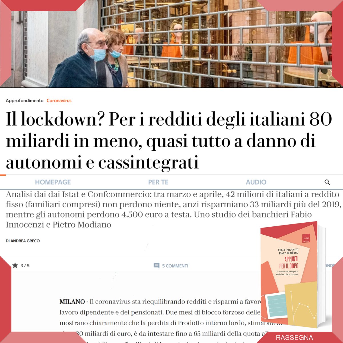 codice_edizioni's tweet photo. Su @repubblica (contenuti per abbonati) @andreagreco71 dedica un articolo ad "Appunti per il dopo. Le tensioni tra #emergenzasanitaria e #crisieconomica" l' #ebook dei banchieri Fabio Innocenzi e Pietro Modiano, nato da #CodicePresenta del #14aprile. 👉🏻 https://t.co/JjOffbXuSZ https://t.co/wvzaPLkSoq