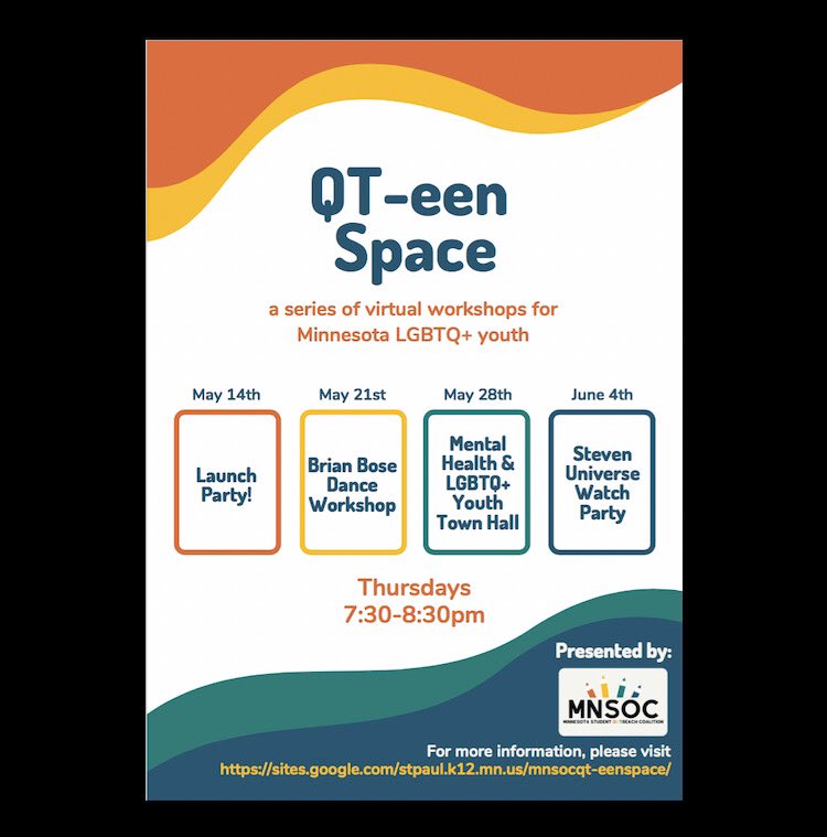 EVENT! MNSOC QT-een Space is a virtual event for middle and high school students. The launch party is THIS Thursday! Find more info and register at sites.google.com/stpaul.k12.mn.…