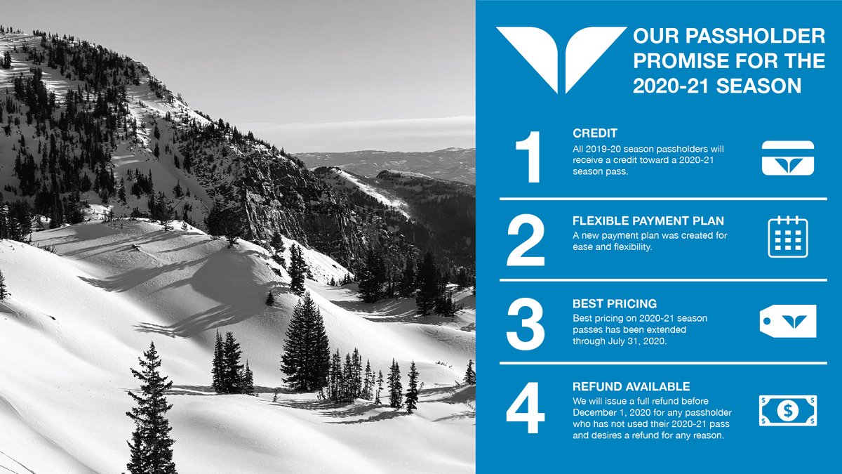 Snowbird's tweet photo. Thank you for your patience &amp; support. Snowbird will not be re-opening for skiing/riding this season. In response, and to give you confidence in planning for the 2020-21 season, we are extending a Passholder Promise that provides assurance and flexibility https://t.co/GhvZg4prJm https://t.co/Vgzi14rwDd