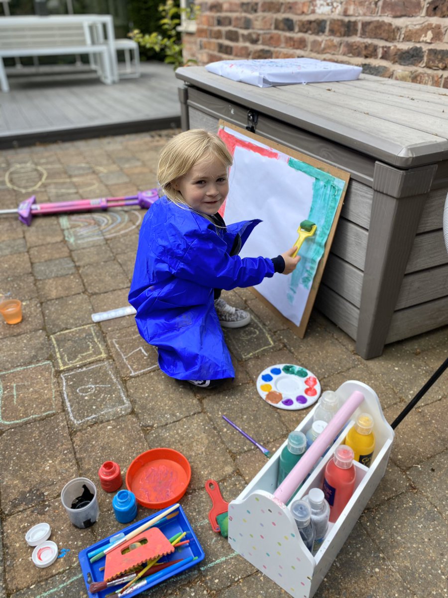 Gemmalangman's tweet photo. @GorseyY1 Art today Jackson Pollock style. We loved how this made a massive mess!!!! 😳 thank goodness we did it outside! 😀#gorseyfromhome #homeschooling https://t.co/OPtp5J98i7