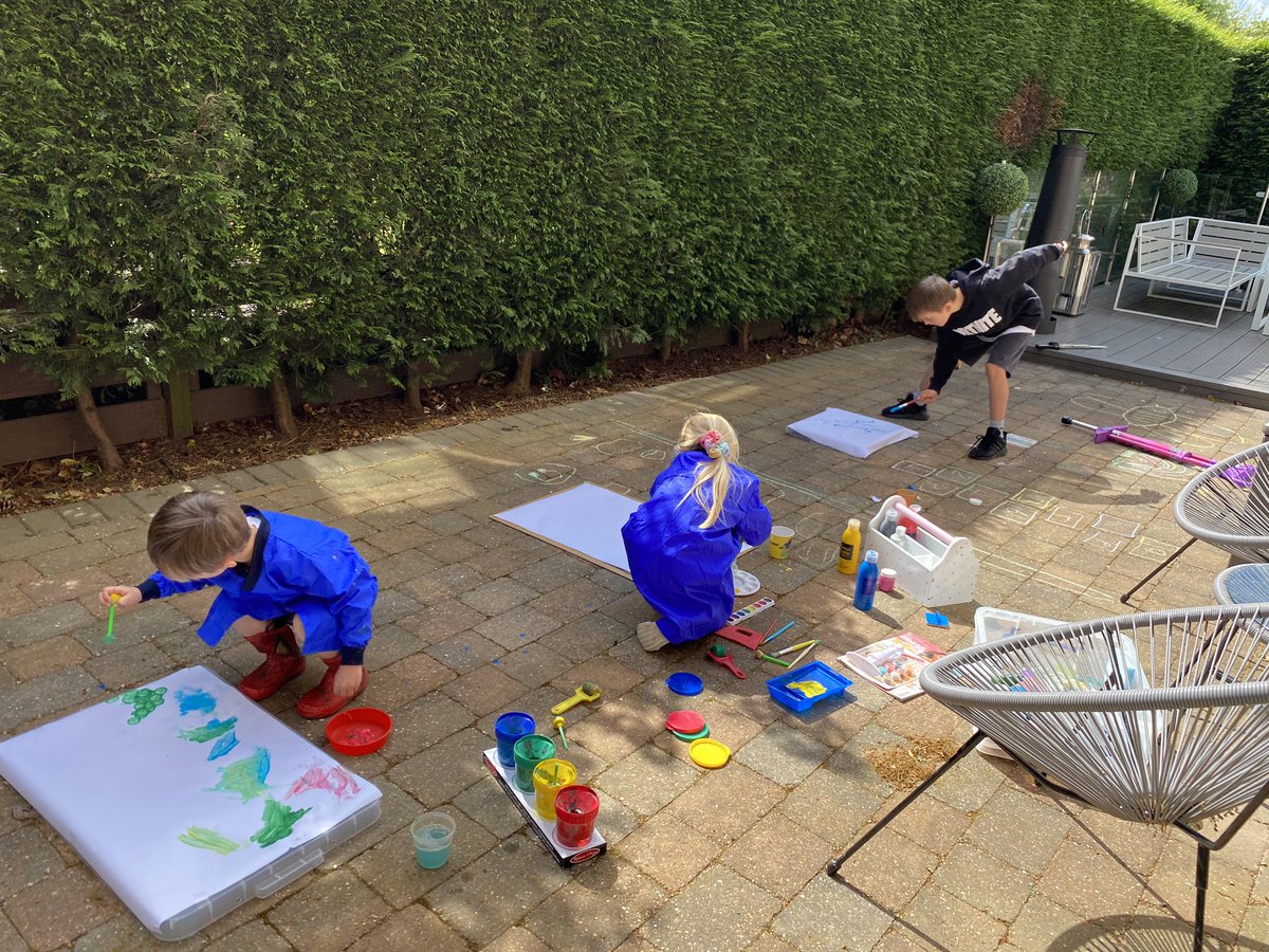 Gemmalangman's tweet photo. @GorseyY1 Art today Jackson Pollock style. We loved how this made a massive mess!!!! 😳 thank goodness we did it outside! 😀#gorseyfromhome #homeschooling https://t.co/OPtp5J98i7