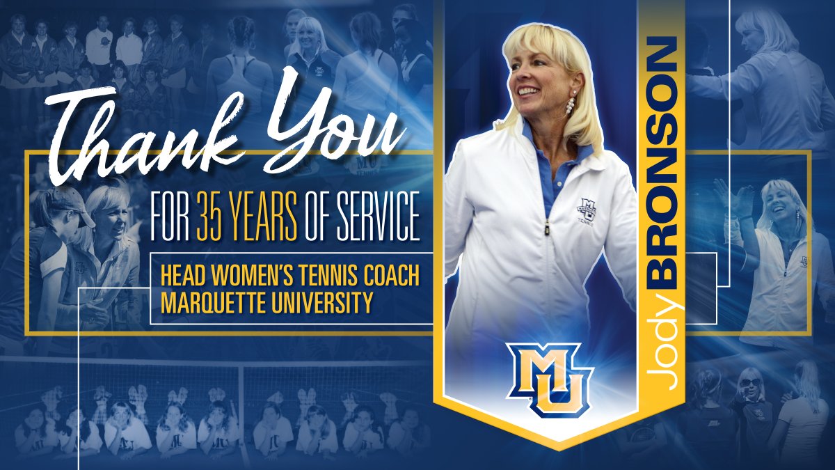 muathletics's tweet photo. Congrats to @MarquetteWTEN head coach Jody Bronson on 35 seasons at @MarquetteU! She retires as the longest-tenured varsity head coach in MU history. #WeAreMarquette

🔗 https://t.co/aHxqMwUlQY https://t.co/zDH5jI1UJu