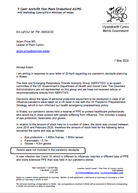 The First Minister has admitted in a letter to me that there were no gowns in the Welsh Pandemic Stockpile between June 2016 and February 2020. This comes after the UK Government were forced to admit the same by a  @BBCPanorama investigation on April 27th.