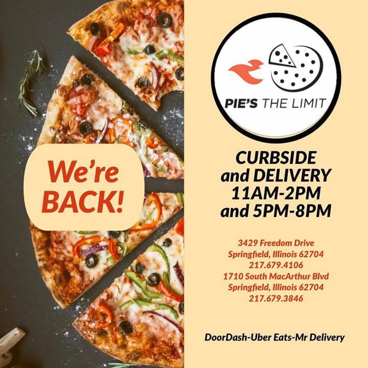 PiesTheLimitIL's tweet photo. CALL NOW FOR CURBSIDE PICKUP 
Open 11AM-2PM &amp; 5PM -8 PM Daily
1710 South MacArthur - (217) 679-3846
3429 Freedom Drive (217) 679-4106
DELIVERY available through UberEats, DoorDash, ChowNow or https://t.co/33AgIyIMx3 

https://t.co/oRs6LfJ2M3 https://t.co/TFHTh6BNgU