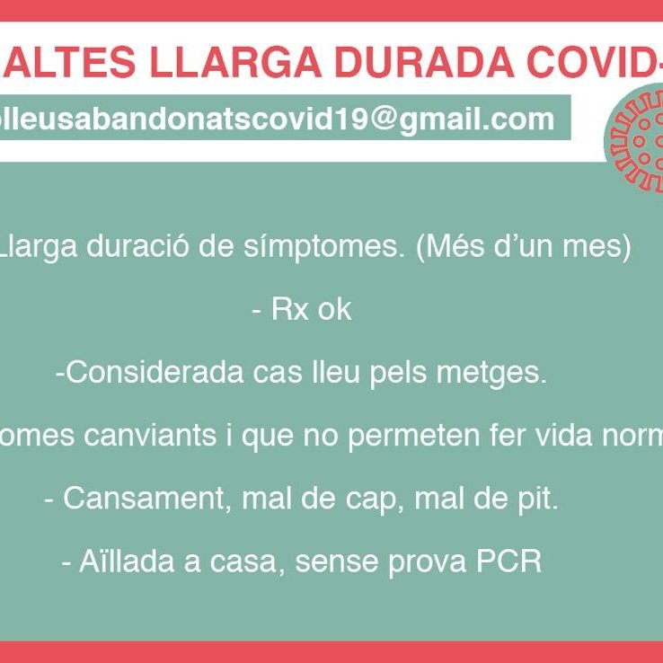 COVID19persist1's tweet photo. Som un grup de malaltes i malalts amb símptomes persistents de #COVIDー19 des de fa més de 30 dies. Ens estem organitzant perquè ens sentim abandonats/des i volem un seguiment mèdic de qualitat.
Ens ajudeu?
Us hi afegiu? https://t.co/spVNwhC2JV