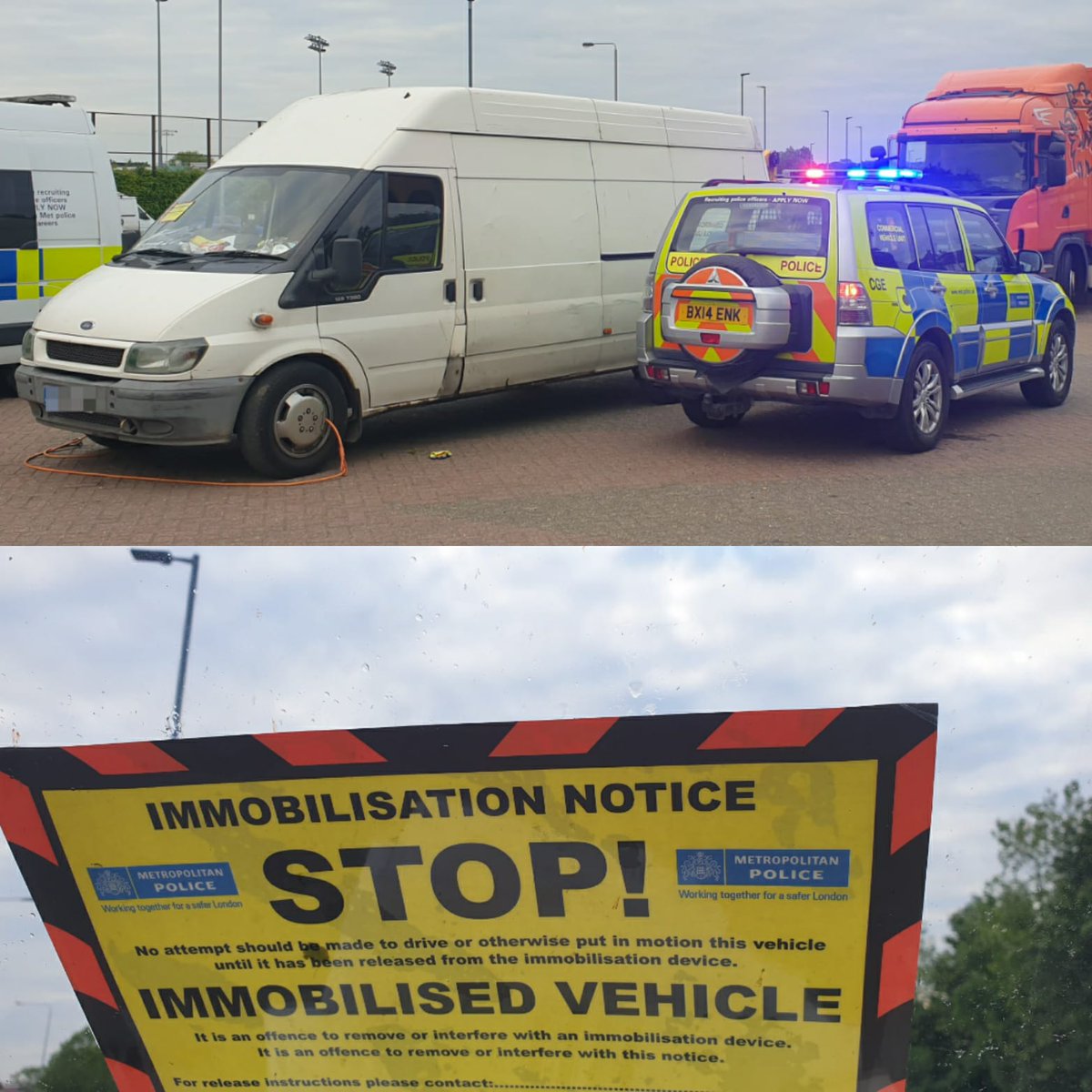 MPSRTPC's tweet photo. Officers from #EastCVU were enforcing Truck & Bus week in @MPSWForest where this van stopped beside the stop site
A quick check found no insurance was held & no fuel cap
Driver was a non UK national so had to pay £400 roadside, hence the cable 🛑
#TDJ #MPScvu #PG9 #Tispol https://t.co/iFQpI3Nygl
