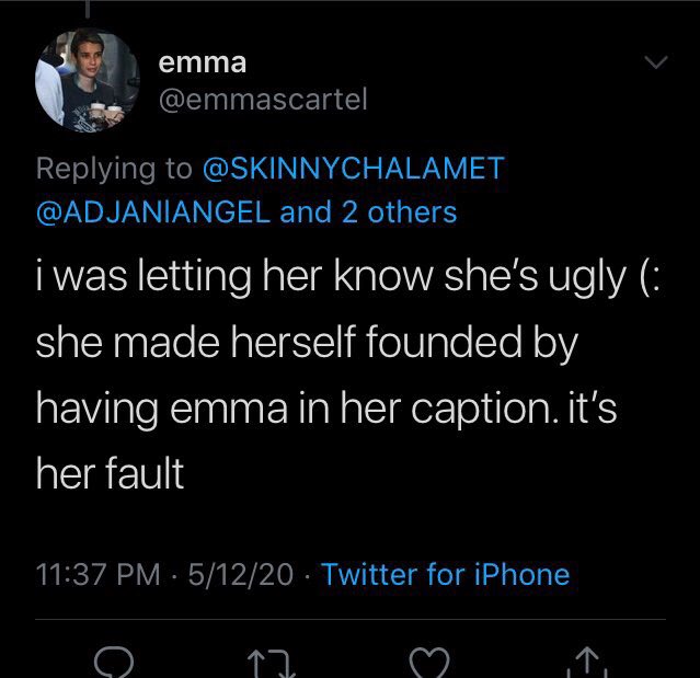 Since this random freak decided to come out of nowhere and like the hate comments in this thread — let's look at her posts. But yes Emma stans aren't toxic at all