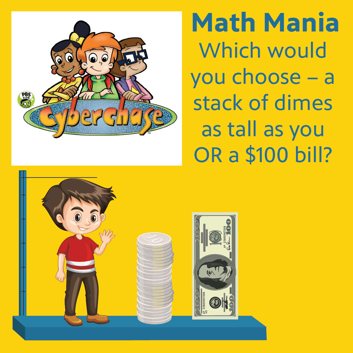 ArkansasTV_'s tweet photo. Math Mania: Would you choose a stack of dimes as tall as you OR a $100 bill? Make your choice! Then, calculate your height and how much money your stack of dimes would be to see if you made the right choice. #ArkansasAMI @ArkansasEd @vandy_nash @2017ArkansasTOY https://t.co/4RtVSeTQ3w