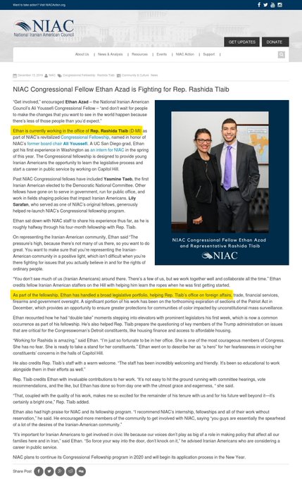 14)Meet  @ethanazad, a staff member of  @RepRashida who handles a "broad legislative portfolio, helping Tlaib’s office on foreign affairs… and government oversight."He is also quite fond of Iran’s IRGC, a designated terrorist organization.