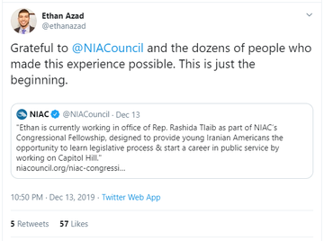 14)Meet  @ethanazad, a staff member of  @RepRashida who handles a "broad legislative portfolio, helping Tlaib’s office on foreign affairs… and government oversight."He is also quite fond of Iran’s IRGC, a designated terrorist organization.