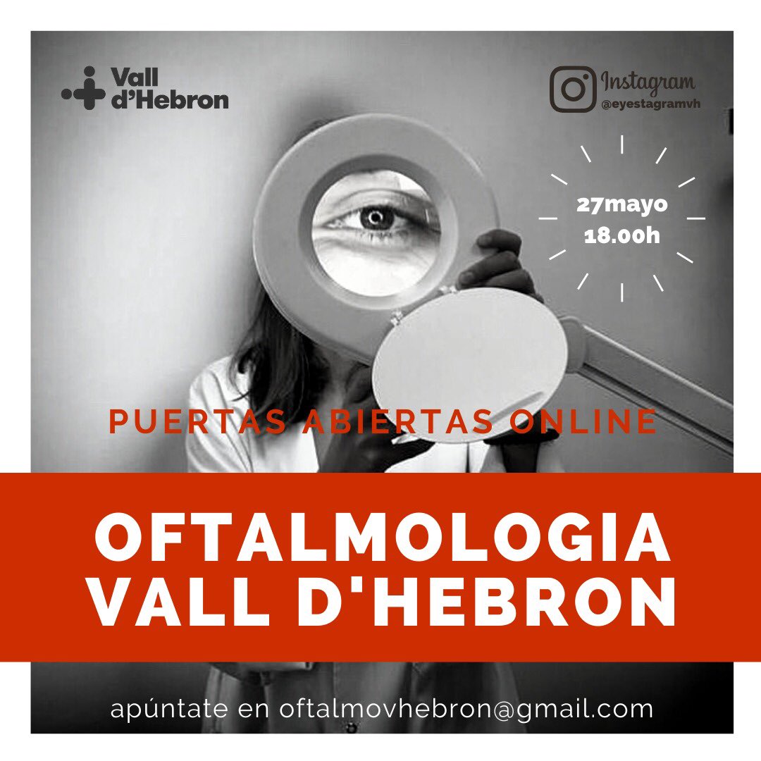 oftalmovhebron's tweet photo. ¿Has hecho el MIR y te interesa la oftalmología? El próximo 27 de mayo celebramos las puertas abiertas online para que descubras como es la residencia en el servicio de oftalmología del Hospital Universitario Vall Hebrón. Para registrarte envía un mail a oftalmovhebron@gmail.com https://t.co/jhsgJiUiaz