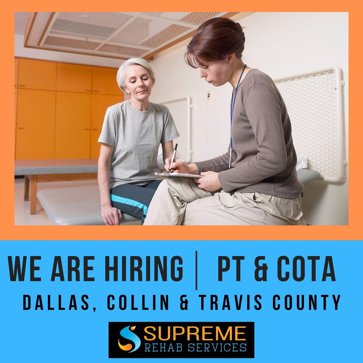 supremerehab's tweet photo. Hiring Part-time PT and COTA. HH Experience &amp; HCHB/AXXESS/WELLSKY Knowledge Must. #hiring #physicaltherapist  #occupationaltherapyassistant https://t.co/4KO2HBVZM9