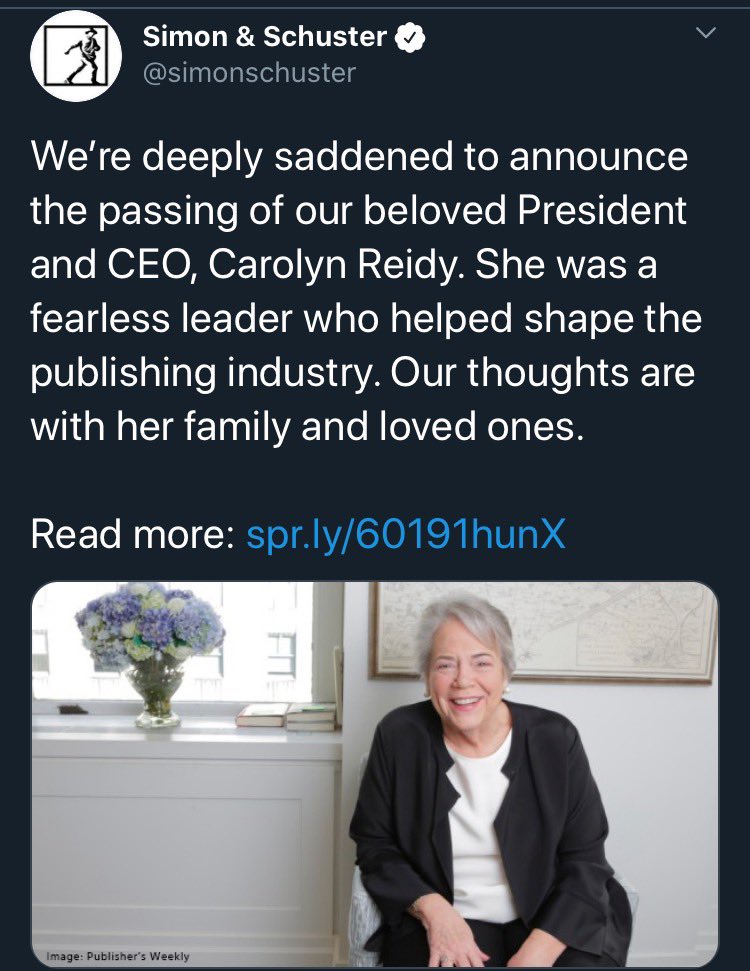 kellybensimon's tweet photo. What a horrible loss for the publishing industry. They published two of my novels #adangerousage and #thesecondcourse. Our hearts go out to everyone who knew CEO Carolyn Reidy @simonandschuster https://t.co/9KpSfKW6VG