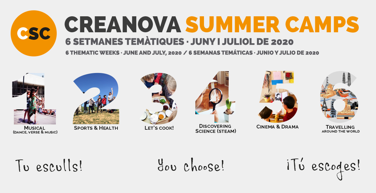 CollegiCreaNova's tweet photo. CREANOVA SUMMER CAMPS 2020: 6 SETMANES TEMÀTIQUES
Des del 22 de juny fins al 31 de juliol: teatre, esport, música, cinema, cuina, ciència, tecnologia.
Oberts a totes les nenes i nens de 3 a 16 anys, de tots els centres escolars.
https://t.co/TEaDBTNEMi
#summercamps #creanova https://t.co/qxtT2N5mhW