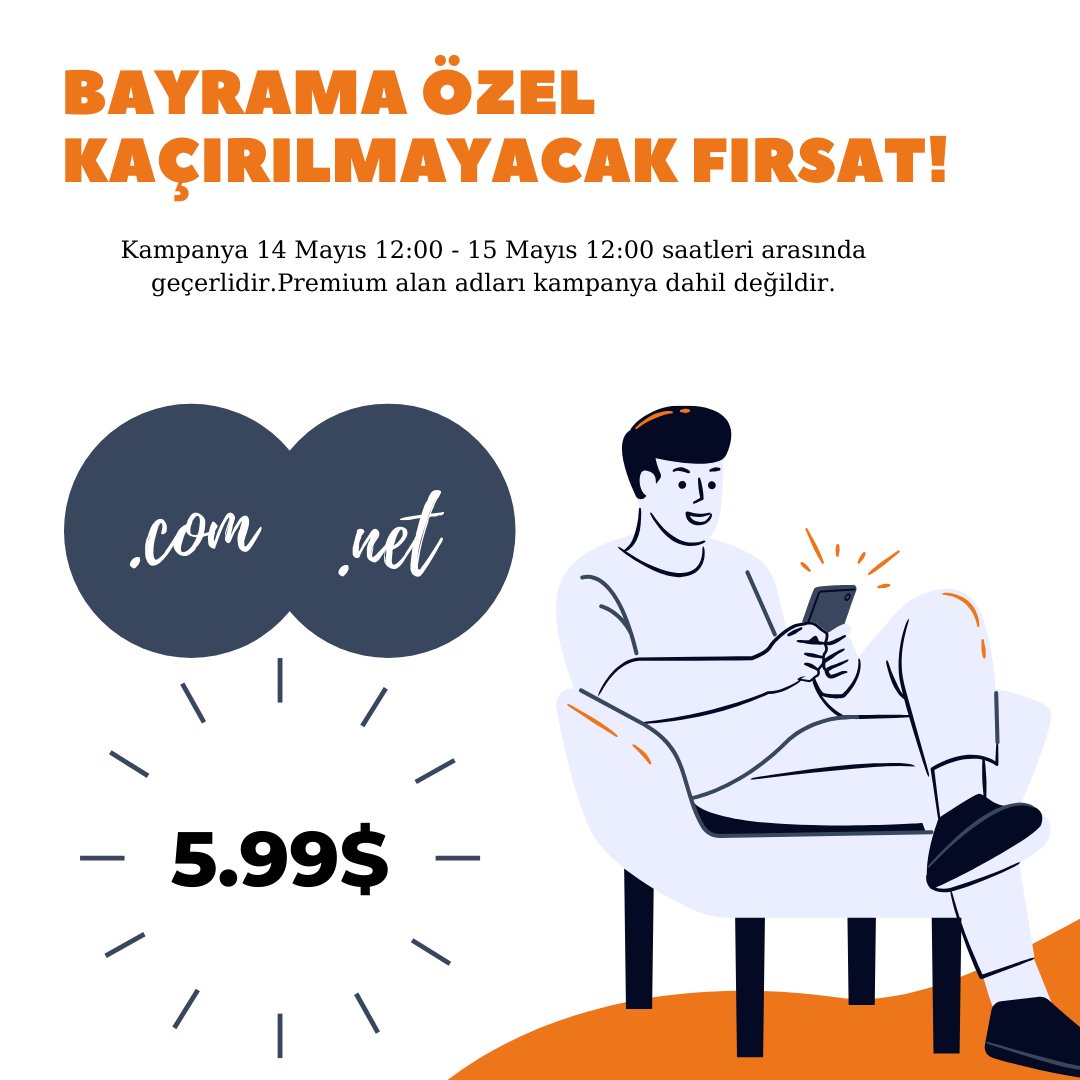 Kampanya. com ve .net uzantılı domainler için 14 Mayıs 12:00 - 15 Mayıs 12:00 saatleri arasında geçerlidir.Premimum alan adları kampanya dahil değildir.
 
Alan adınızı zcu.io/qVMs   linki üzerinden sorgulayabilir,  tescil edebilirsiniz.