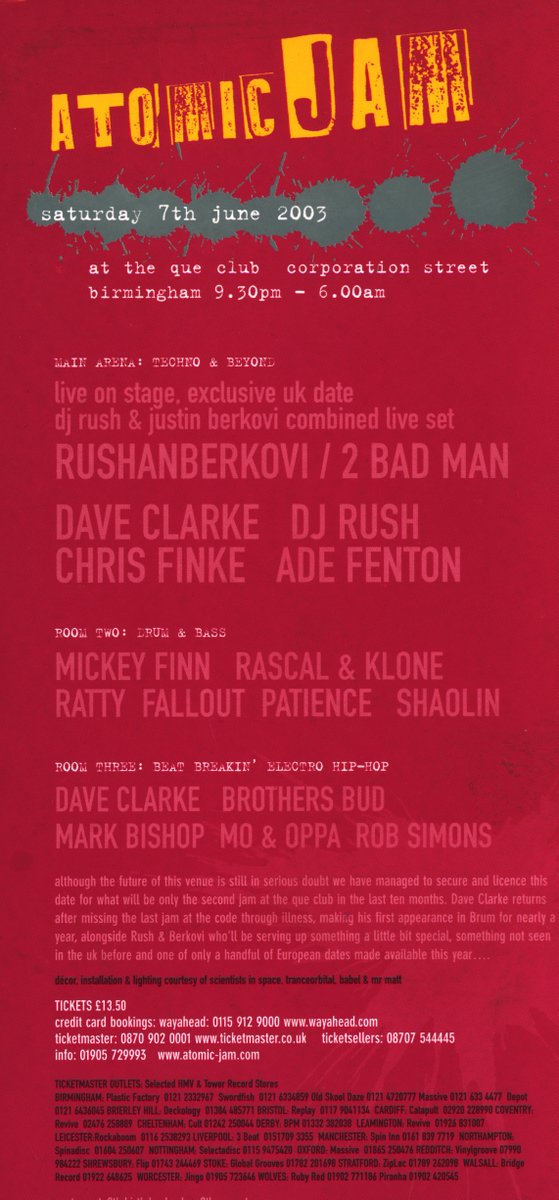 intheque1's tweet photo. On this day, 7th June 2003: Were you there? Tell us what your favourite #AtomicJam memory is..
Credit: @JungletechnoKid
#techno #jungle #rave #drumnbase #oldskool #dnb #EDM #Birmingham #brum #queclub #intheque https://t.co/WLceq5u2q0