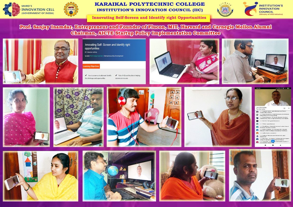 drsandanasamy's tweet photo. Today the #KPTC fraternity joined an interesting #IIC_Online_Sessions by #mhrd_innovation cell on "Innovating Self-Screen &amp; Identify right Opportunities" by Prof @InamdarSanjay, Entrepreneur &amp; Chairman, @AICTE_INDIA Startup Policy Implementation Committee. @HRDMinistry #mhrdindia https://t.co/SasFaWTy8z