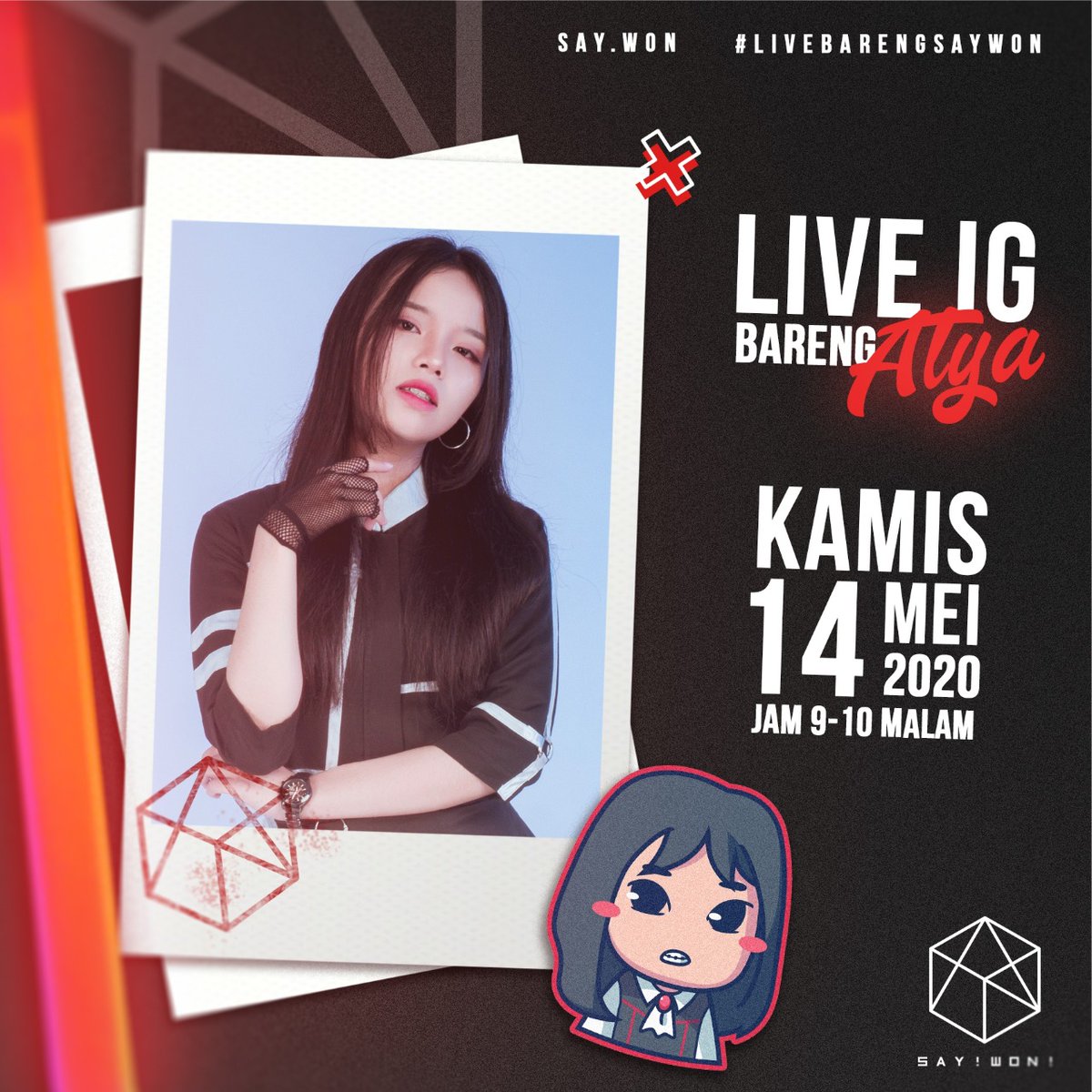 SaywonOfficial's tweet photo. Haloo Winner! 
Tetap sehat selama pandemi yaa! 🤗
Yuuk jangan sampe ketinggalan live bareng Say!Won! Bersama Atya, Evil Red kitaaa, besok Kamis, 14 mei 2020, jam 9-10 malam. Di instagram Say!Won! (@ say.won)

#saywon #livebarengsaywon #livebarengatya https://t.co/fUyn9GnBt9