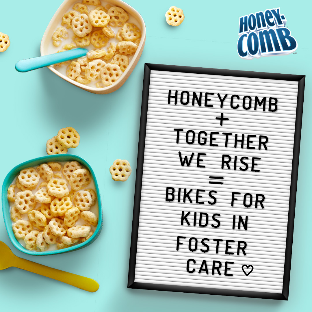 Honeycomb cereal is teaming up with <a href="/TogetherWeRise/">Foster Love - Together We Rise</a> to donate bicycles to kids in foster care in recognition of National Foster Care Month and National Bike Month. 🚲  Learn more about the partnership here: bit.ly/3cpWnNO