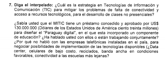 SenadoresPy's tweet photo. Ante los problemas de conectividad, cuál es la estrategia del @MECpy.  

#SenadoPy #Pregunta7 https://t.co/y55UE48pZW