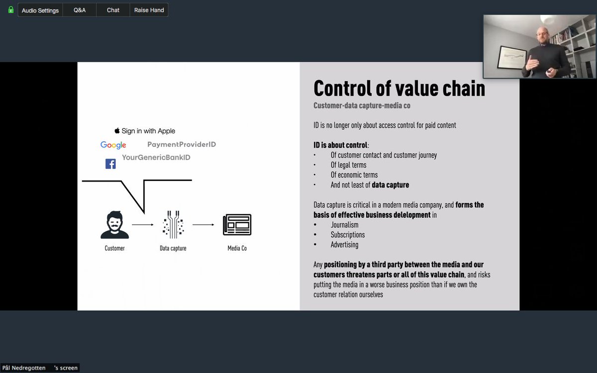 INMAorg's tweet photo. Any sort of positioning by a third party between publishers and customers threatens the value chain, @nedregotten of @amedia_no said at #INMA2020: "That is why it's so important for us to keep control of that customer relationship." https://t.co/MfJEyUSB5r