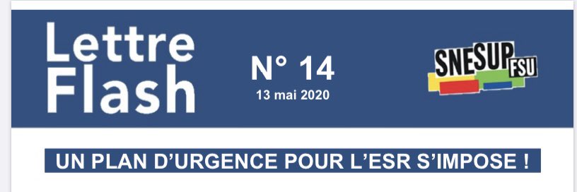 SnesupFsu's tweet photo. Lettre Flash - Un plan d’urgence pour l’ESR s’impose !
#ESR #budgetESR #PLFR3 #rentree2020
@FsuNationale @SnesupFsu @AEFsuprecherche @snepfsu @lemonde_campus @P_etudiant @libe @humanite_fr @PierreChaillan
▶️Constats, analyses, propositions SNESUP-FSU
https://t.co/6cdgNu0XOd https://t.co/X57GqiL3Ao