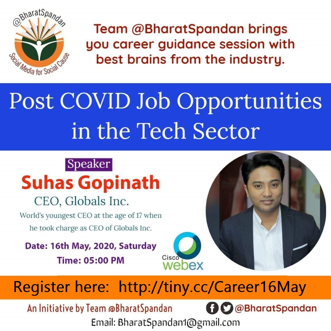 BharatSpandan's tweet photo. "Career Advice by an Exceptional Entrepreneur"

@SuhasGopinath ji was world’s youngest CEO at the age of 17 when he took charge of Globals Inc. Listen to him on 16May.

👉Register for rare opportunity: https://t.co/zSY5p2XqXl

We'll email you login details.

-Team @BharatSpandan https://t.co/5Ys73m0XEC